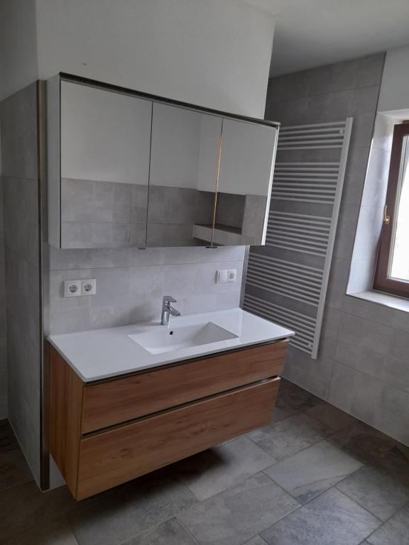 uma casa de banho com um lavatório e um espelho em Monteurwohnung SAN em Stadtsteinach