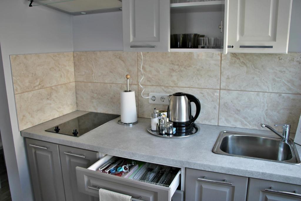 a kitchen counter top with a sink and a sink at Letīcijas apartamenti in Kuldīga