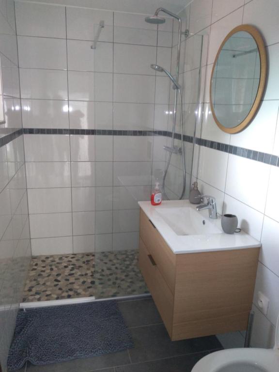 a bathroom with a sink and a shower and a mirror at Suite privée indépendant dans ancien pigeonniet in Pouilly-sur-Vingeanne