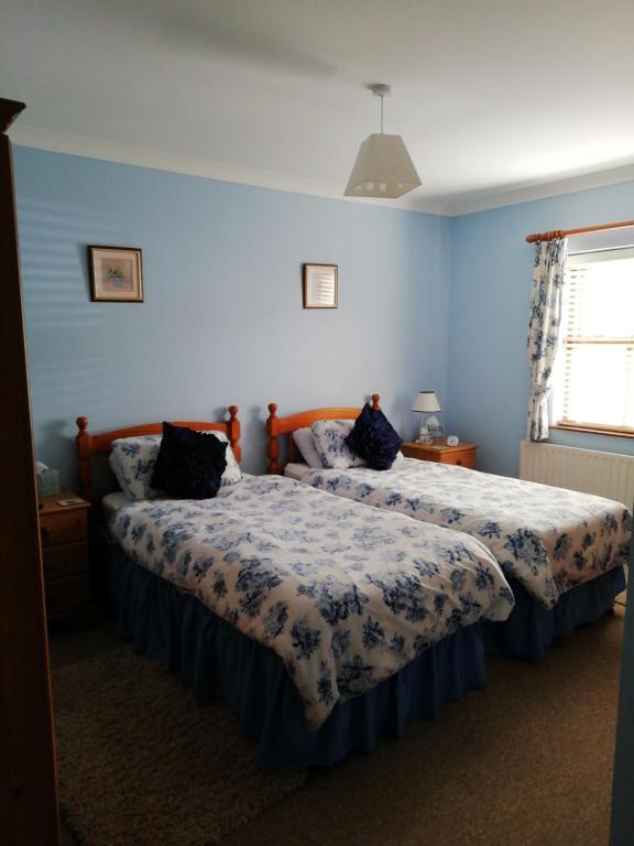 two beds in a room with blue walls at Craig Cottage Self-catering in Bushmills