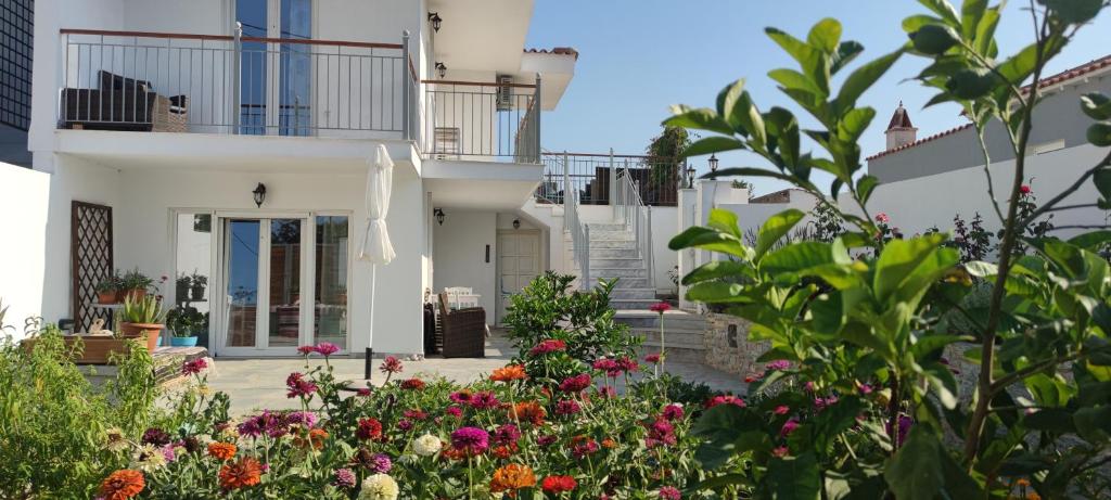 a garden in front of a house with flowers at Meraki Skopelos in Skopelos Town