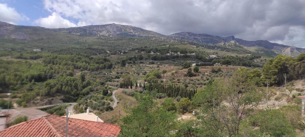 a view of a mountain with trees and a house at Apartamento La Coveta de Guadalest in Guadalest