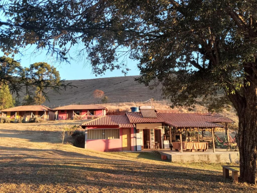 a house in the middle of a field with a tree at POUSADA ESTAÇÃO MARMELO in Queimada