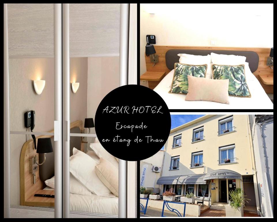 Zimmer mit einem Bett und einem Fenster mit einem Gebäude in der Unterkunft Azur Hotel in Balaruc-les-Bains