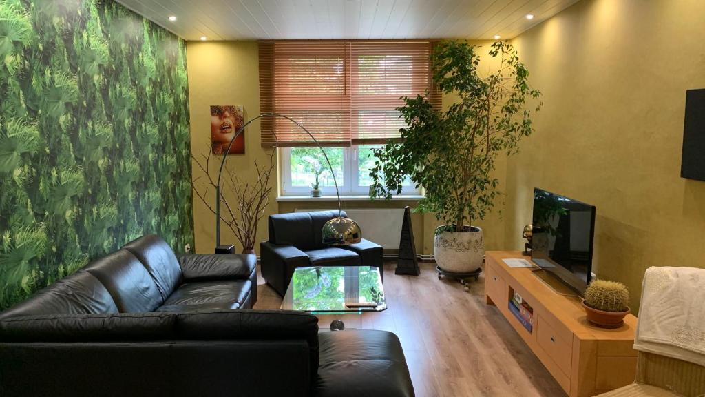 ein Wohnzimmer mit einem Ledersofa und einem TV in der Unterkunft YourHome-PM in Michendorf