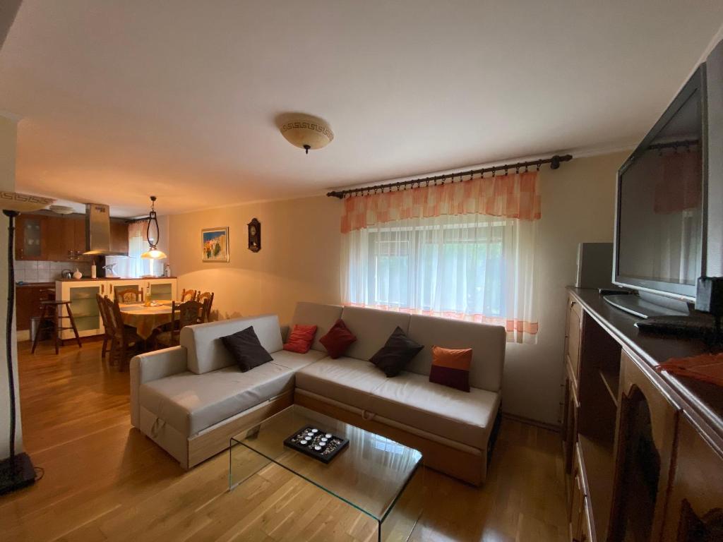 a living room with a couch and a table at Apartment Tody's in Fužine