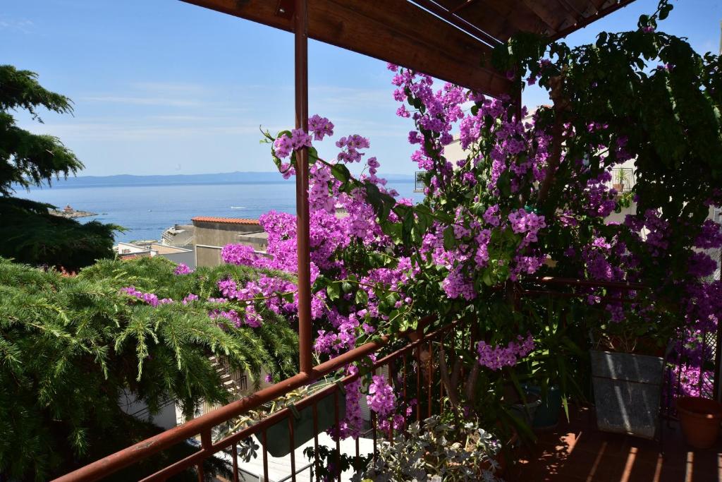 a balcony with purple flowers and a view of the ocean at Apartments Dobrinic in Makarska