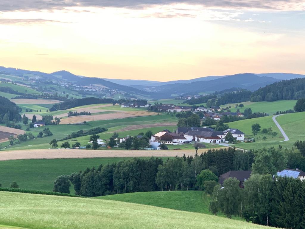 een uitzicht op een groene vallei met huizen en bomen bij Ferienwohnung-Mühlviertel in Oepping