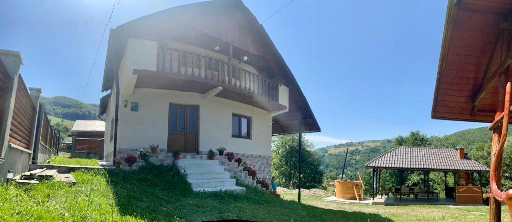 a large house with stairs in front of it at Cabana Baraj Apuseni Mountains in Mihoeşti