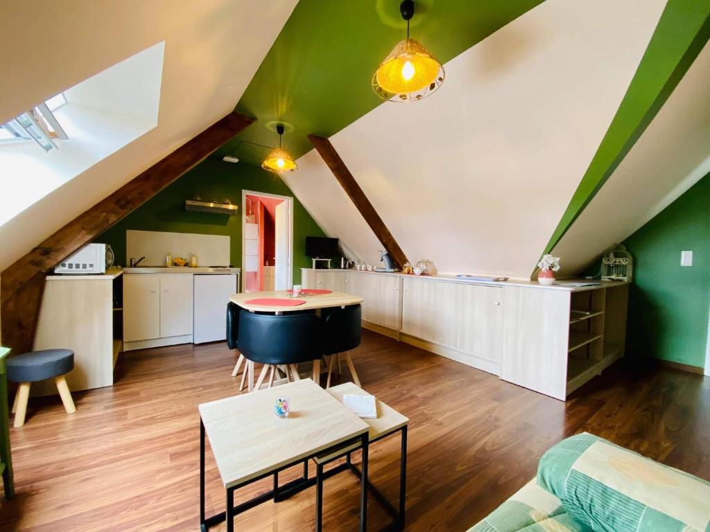 a living room with a green ceiling at Studio 2 ATELIER VINCI in Amboise