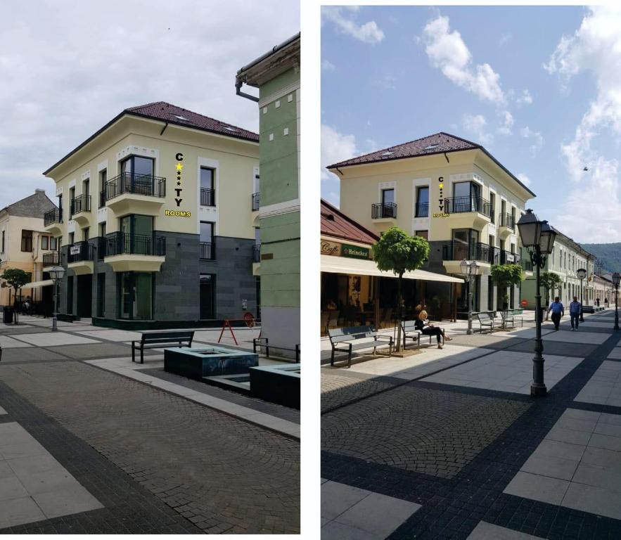 deux photos d'un bâtiment et d'une rue avec bancs dans l'établissement City Rooms, à Sighetu Marmaţiei
