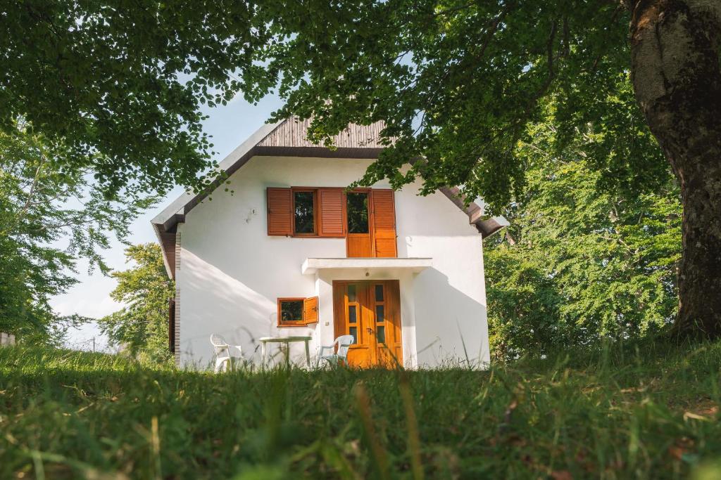 a white house with orange doors and a tree at Highlander's House in Žabljak