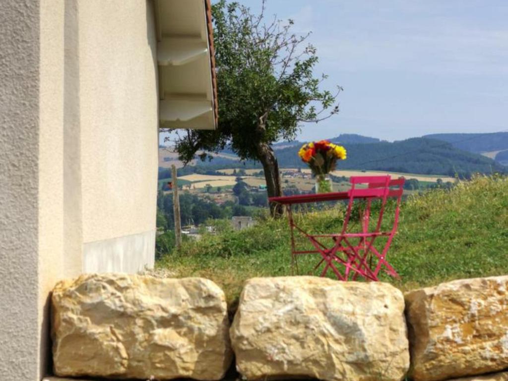 a red table with flowers sitting on top of a hill at Gîte Panissières, 3 pièces, 8 personnes - FR-1-496-215 in Panissières