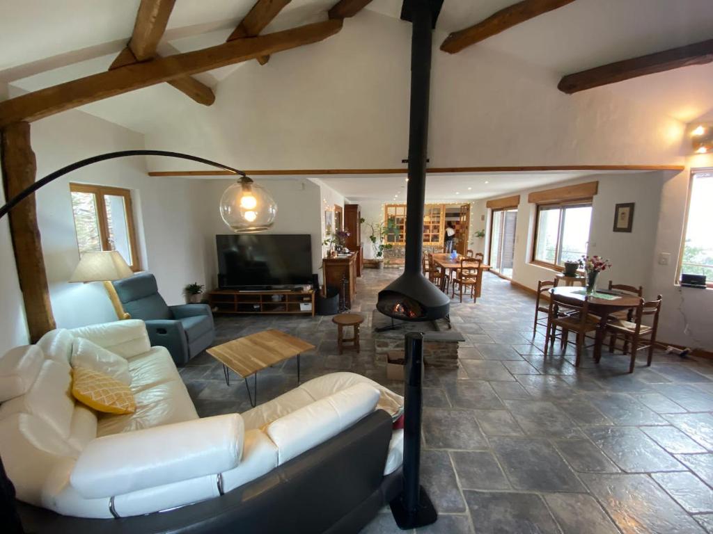 a living room with a couch and a fireplace at Maison LGBT des Monts Bleus in Saint-Roman-de-Tousque