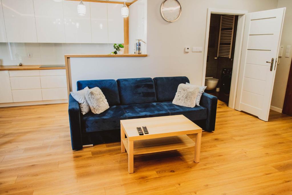 salon z niebieską kanapą i stolikiem kawowym w obiekcie Młyńska 6H w mieście Zamość