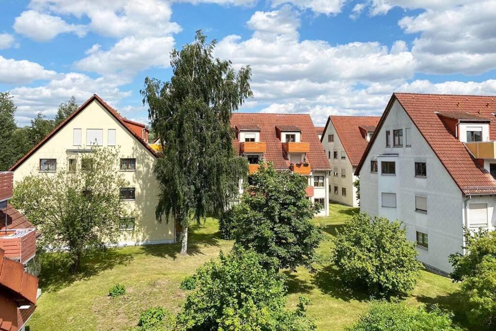 un grupo de casas en un campo con árboles en Apartment mit Dachterrasse nahe Zwickau, en Glauchau