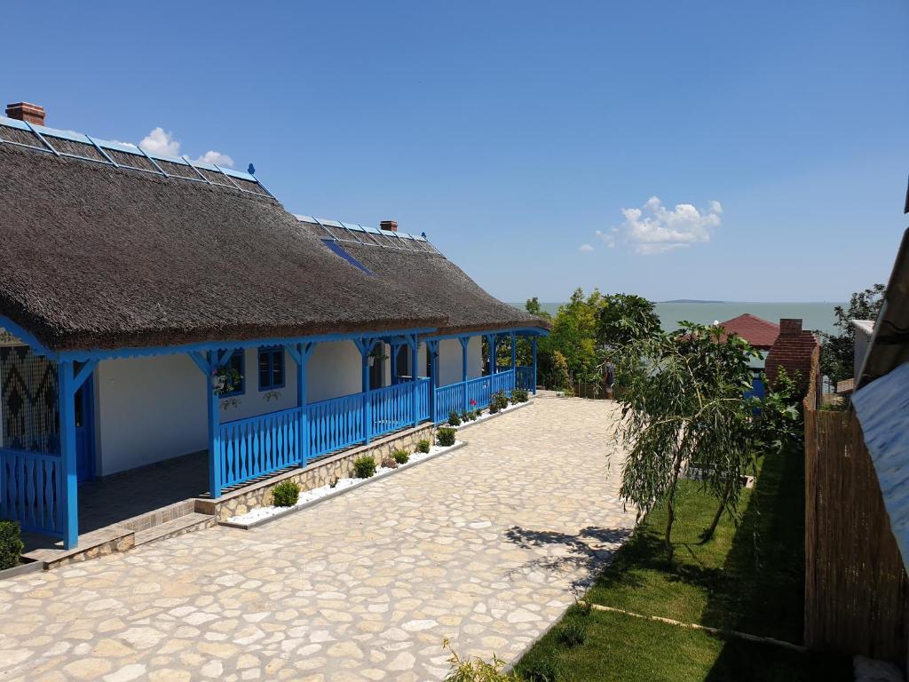 uma casa azul com um telhado de palha e um pátio em Casa Dima Sarichioi em Sarichioi