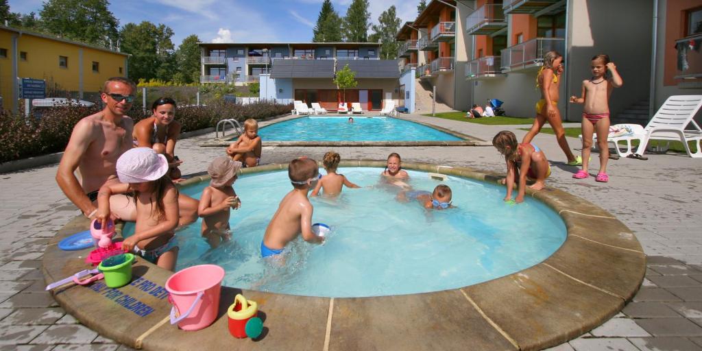 um grupo de pessoas brincando em uma piscina em Apartmány Doky Holiday em Lipno nad Vltavou