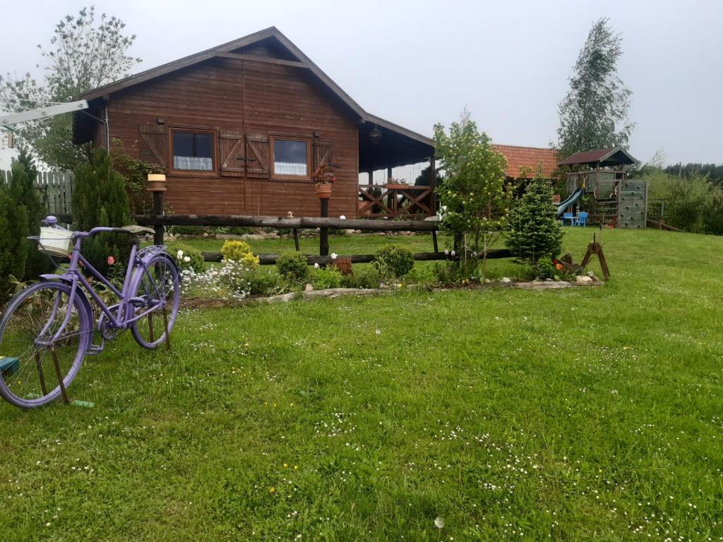 fioletowy rower zaparkowany na trawie przed domem w obiekcie Domek w Kwiatach w mieście Mrągowo