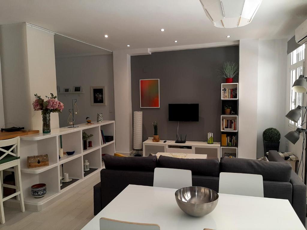 sala de estar con sofá y TV en Living4Malaga Loft San Francisco, en Málaga