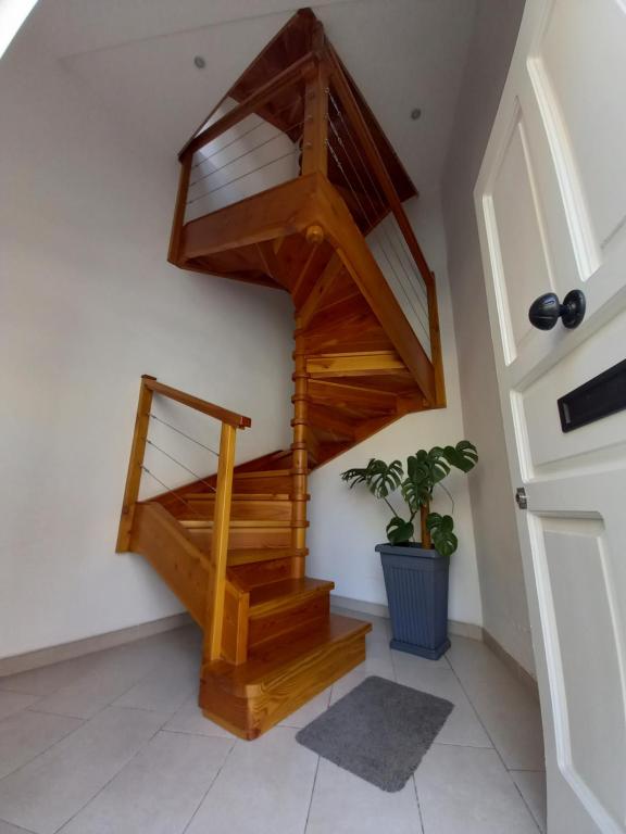 una escalera de caracol de madera en una habitación con una planta en Ayla Studio House en Birżebbuġa