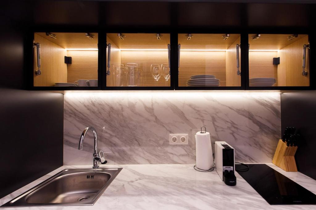 blat kuchenny ze zlewem i telefonem w obiekcie ZEUS Design Apartments Wasserwelt w Wiedniu