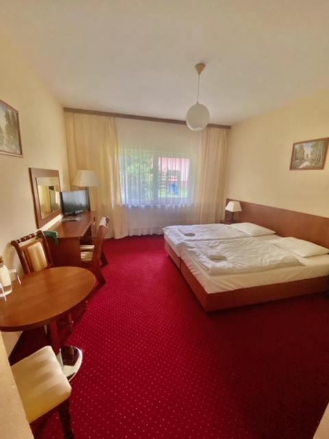 Cozy double room with large bed, small round dining table, desk, chair, and window light