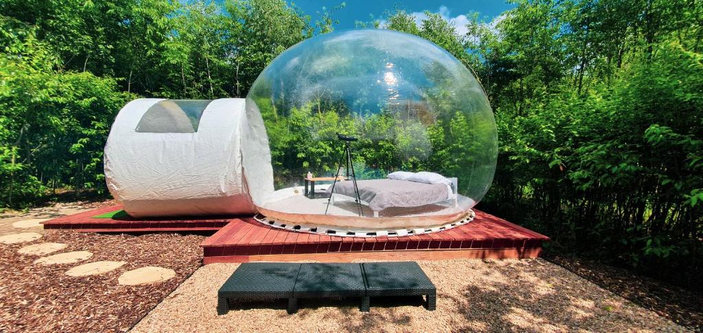 a large glass ball with a bedroom inside of it at W BAŃCE Glamping in Łódź