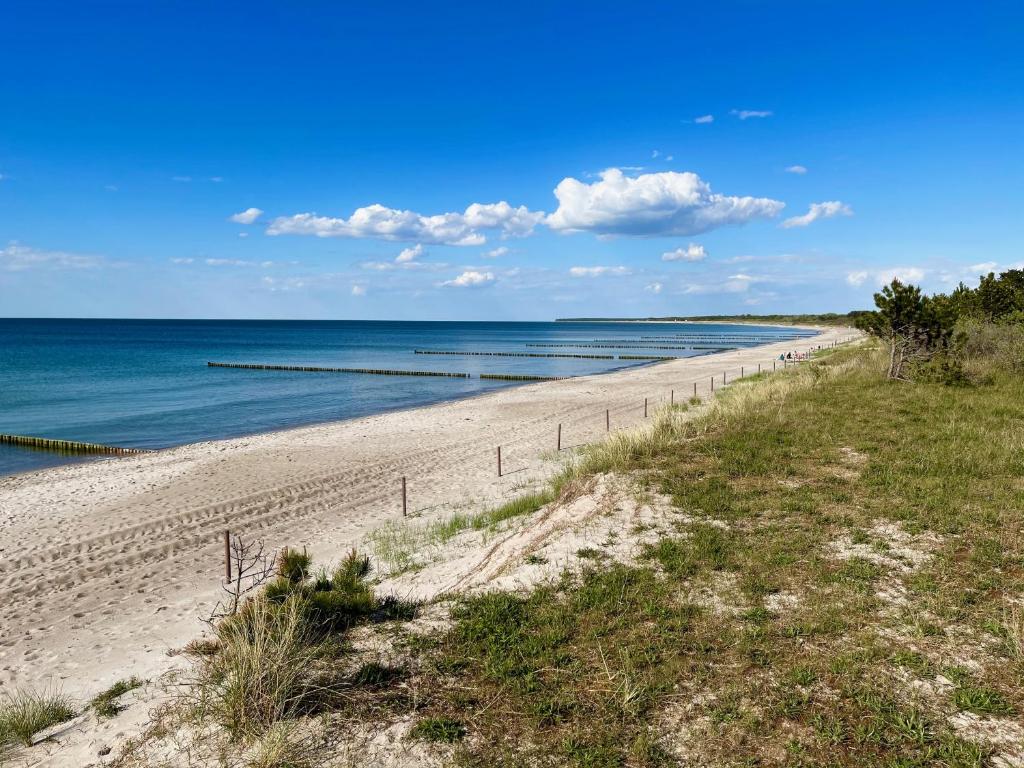 una spiaggia sabbiosa con l'oceano sullo sfondo di Strandhaus Warnemünde Hohe Düne a Warnemünde