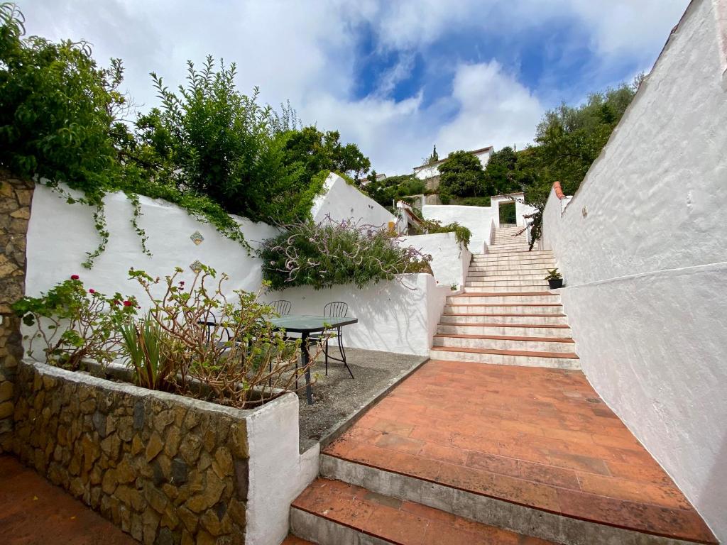 a stairway leading up to a white wall with a table at Pátio da Muralha in Óbidos