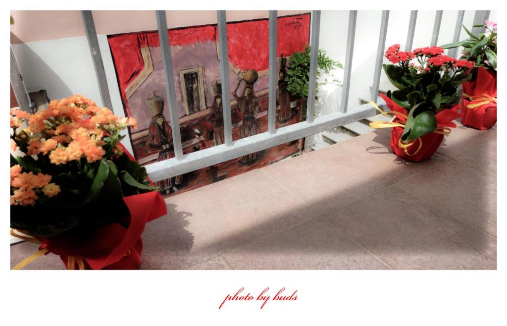 two vases of flowers are sitting on a porch at La casetta in Dorgali