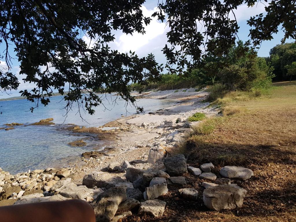 eine Gruppe Felsen am Strand in der Nähe des Wassers in der Unterkunft Apartman Vesna in Peroj