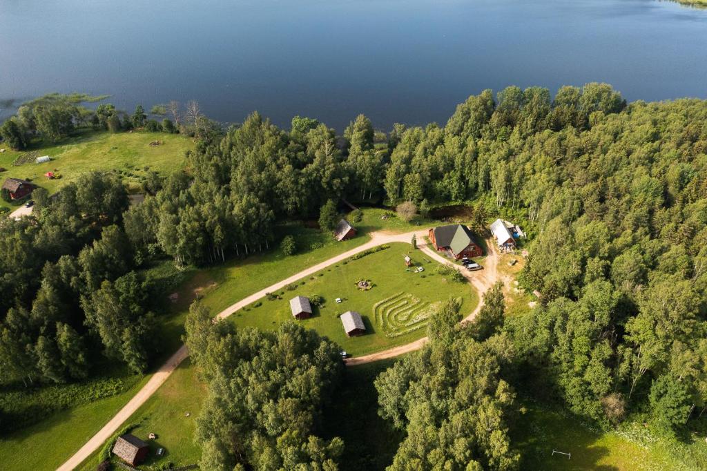 an aerial view of a farm with a field and trees at Akmens sala in Vecpiebalga