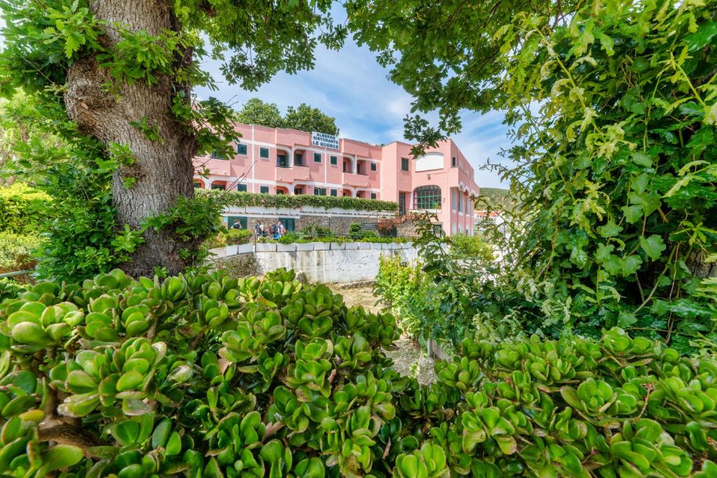 różowy budynek za bandą zielonych drzew w obiekcie Albergo Le Querce w mieście Ponza