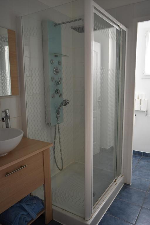 a shower with a glass door in a bathroom at villa classée 4 étoiles avec piscine et boulodrome in Canet