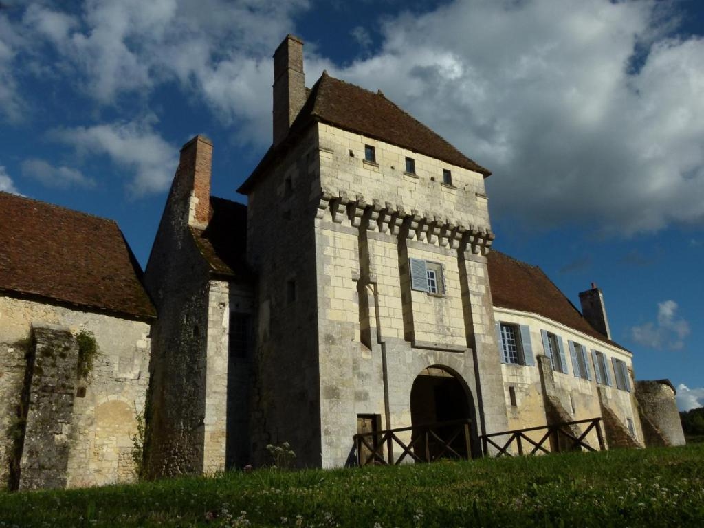 an old building with a tower on the grass at Chateau-monastère de La Corroirie in Montrésor