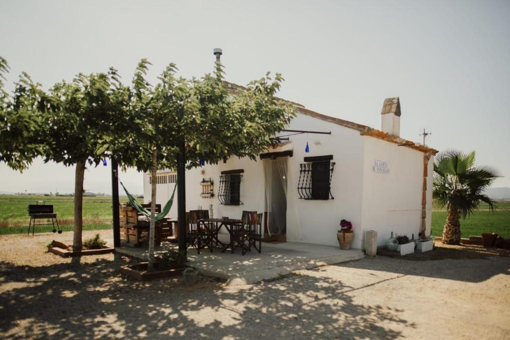 ein weißes Haus mit Bäumen davor in der Unterkunft La Caseta de Panisello in Deltebre