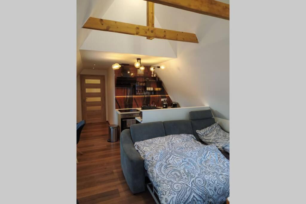 Postel nebo postele na pokoji v ubytování Apartman Ateliér Vary v nově zrekonstruovaném domě