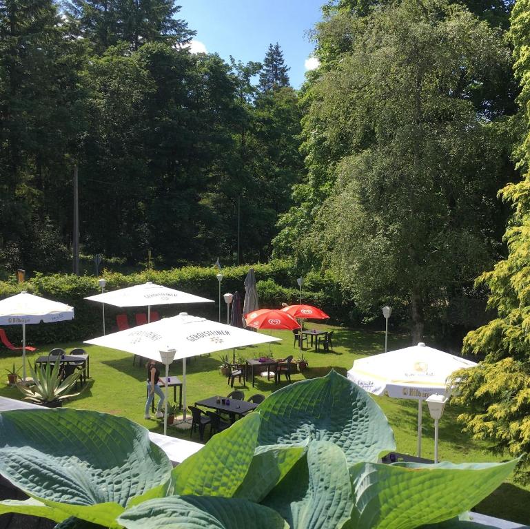 eine Gruppe von Tischen und Sonnenschirmen in einem Park in der Unterkunft Hotel Schröder in Losheimergraben