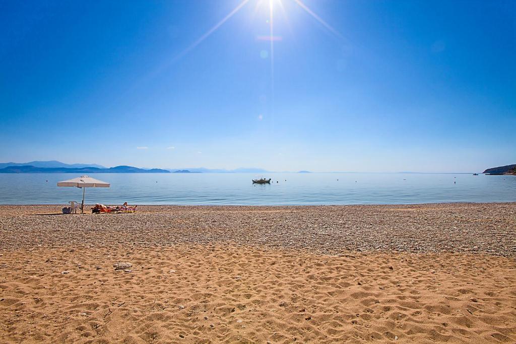 a sandy beach with an umbrella and the ocean at Drimouras Apartments in Xiropigado