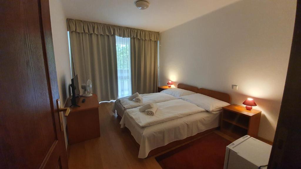 une chambre d'hôtel avec un lit et une fenêtre dans l'établissement PSZ Hotel Beach Földvár, à Balatonföldvár