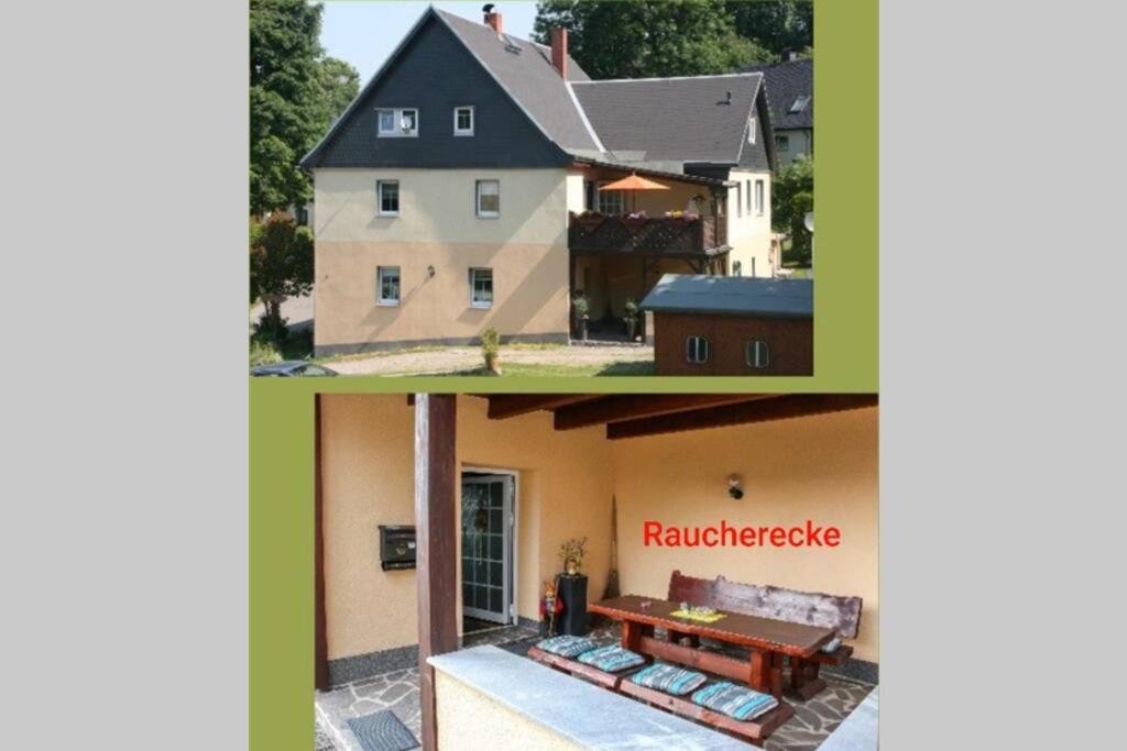 un collage de dos fotos de una casa en Ferienwohnung Reinhardt Steinhübel en Kurort Seiffen