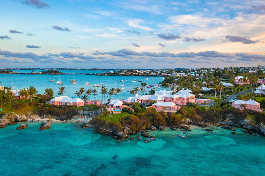 an aerial view of a resort in the water at Cambridge Beaches Resort and Spa in Somerset