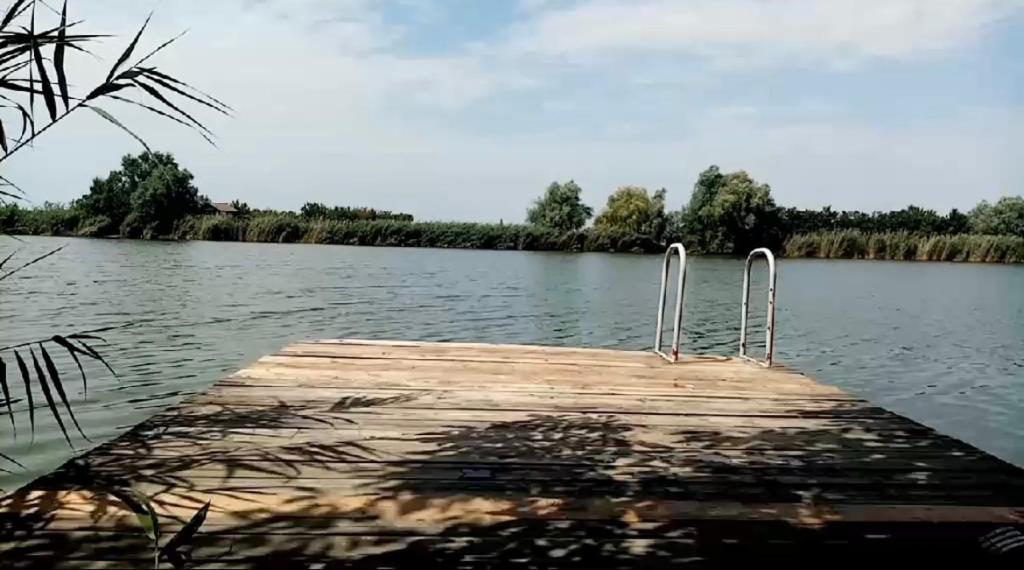 ein Holzsteg auf einem See mit zwei Metallschienen in der Unterkunft Kuca za odmor Harmony in Čurug