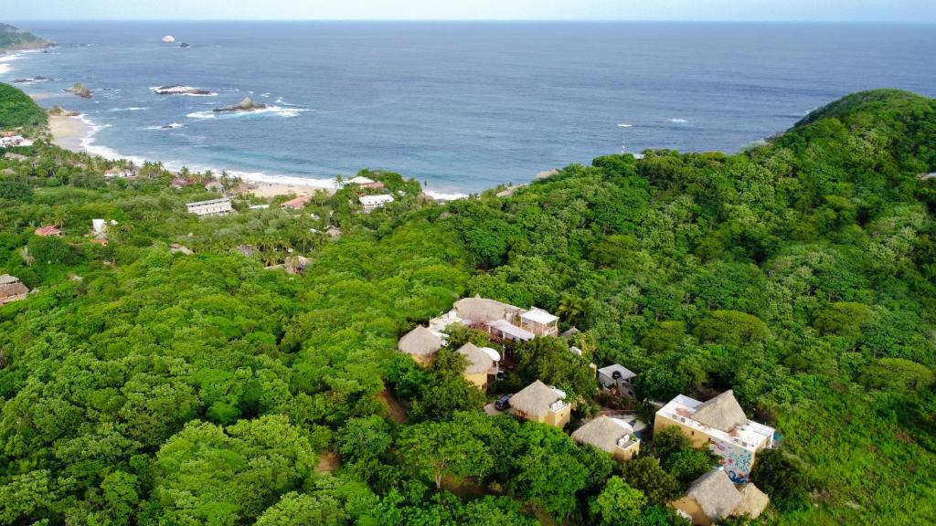an aerial view of a tropical island with the ocean at Carpe Diem Casitas & Villas Mazunte in Mazunte