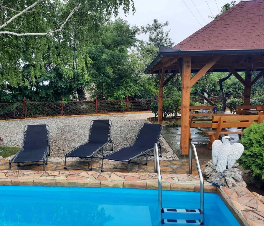 a pool with chairs and a gazebo at Apartmani Neven in Irig