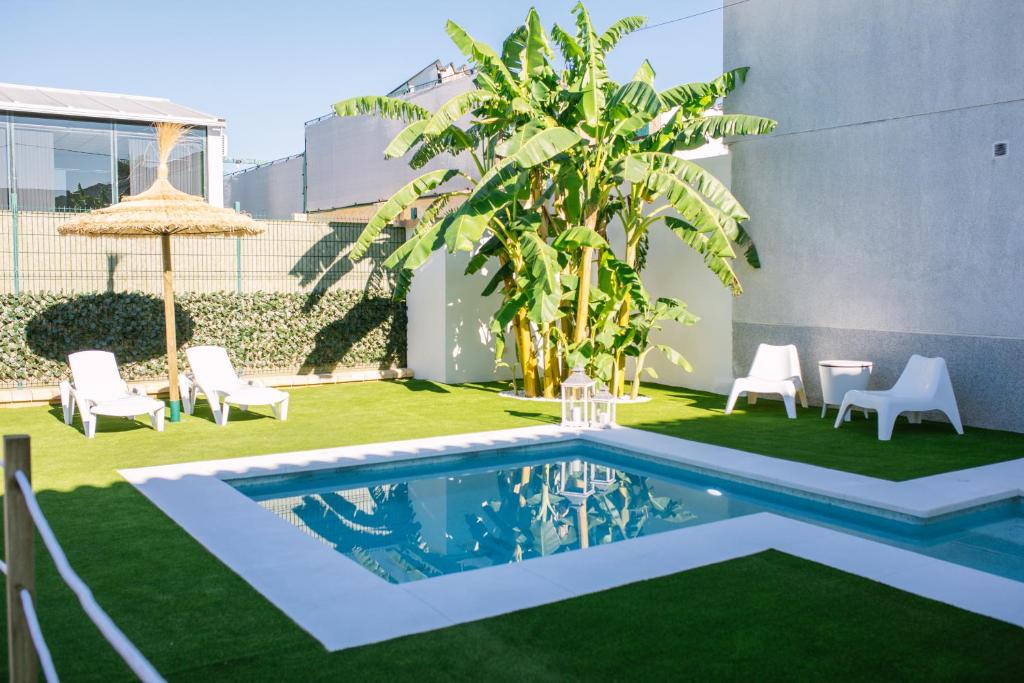 a backyard with a swimming pool and grass at Casa rural El Olivo de Córdoba in Córdoba