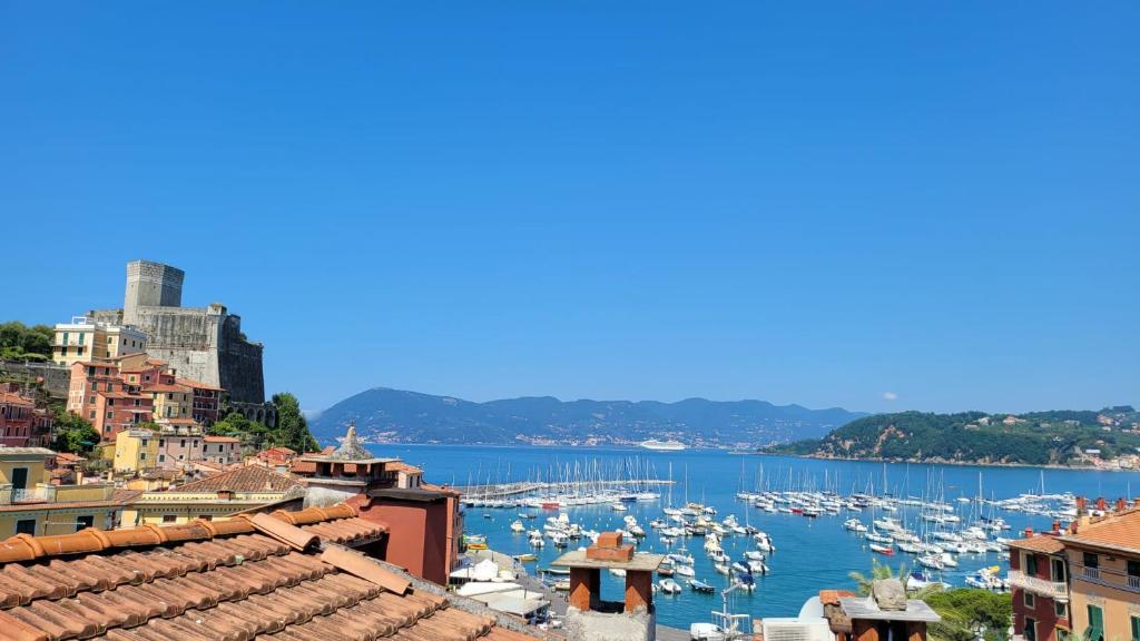 a view of a harbor with boats in the water at Cala D'Oria in Lerici