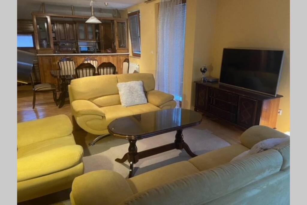 uma sala de estar com um sofá, uma mesa e uma televisão em Sarajevo Apartment Lovely em Sarajevo