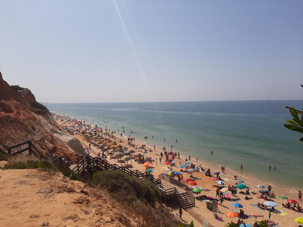 a crowd of people on a beach with umbrellas at Beach Falésia in Albufeira